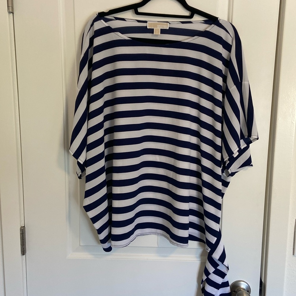 Michael Kors blue and white striped short sleeve tie waist blouse